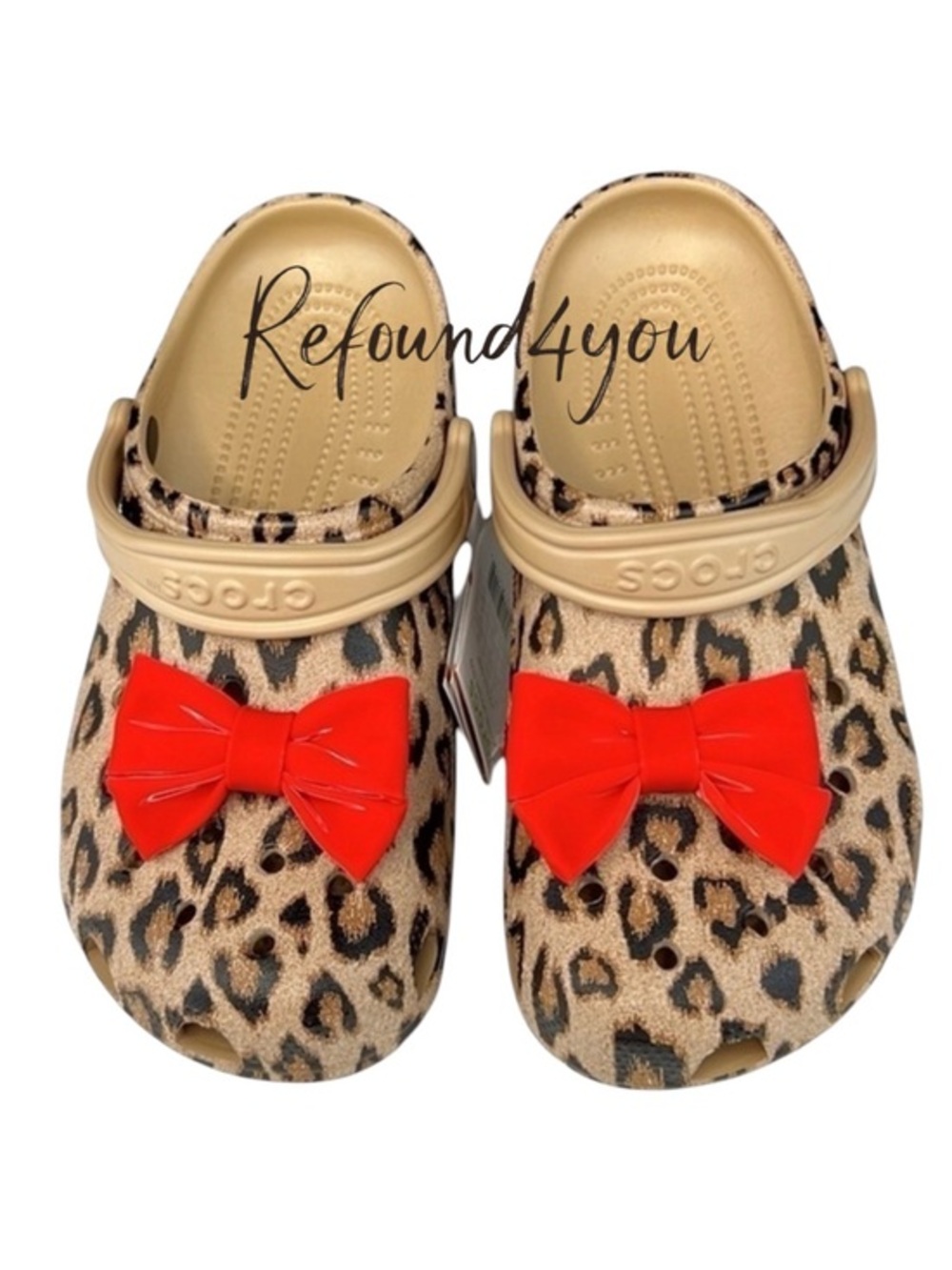 Crocs - ‘Leopard & Red Bows’ classic clogs. Woman SZ: 7,8,9,10. NWT. Firm!